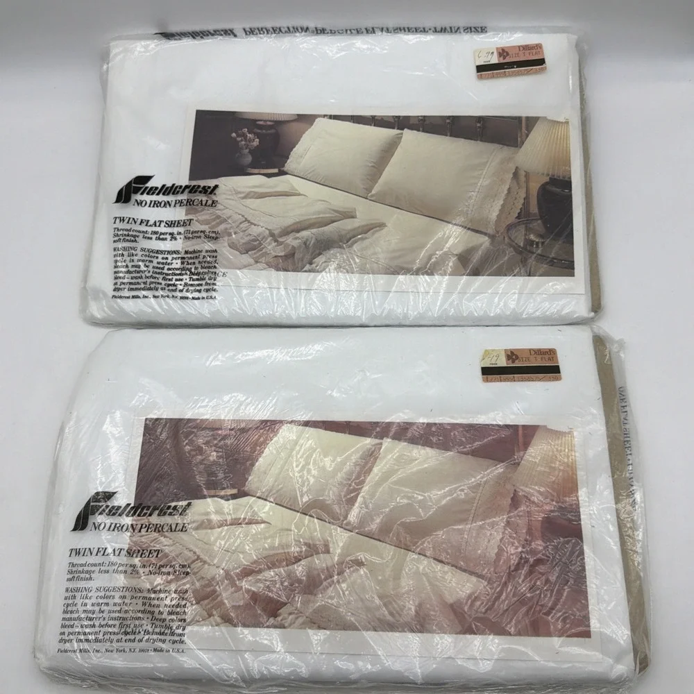 2- Fieldcrest no-iron percale white twin-size flat bed sheet eyelet trim lace
